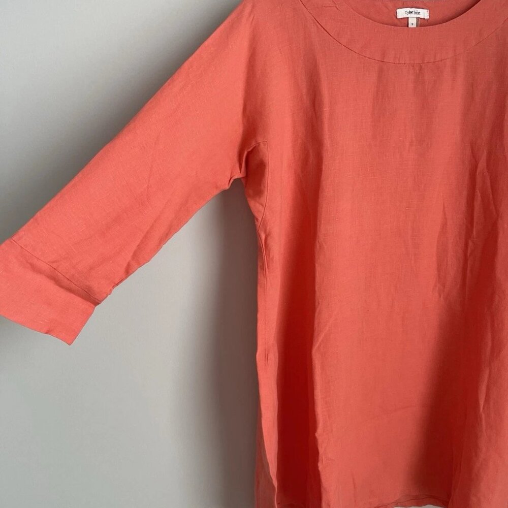 Tyler Boe Coral Orange 100% Linen 3/4 Sleeve Dress Women's - Picture 5 of 8
